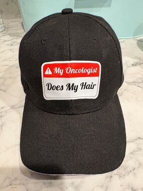 Spencer's Black Hat with Red and White Patch - "My Oncologist Does My Hair"